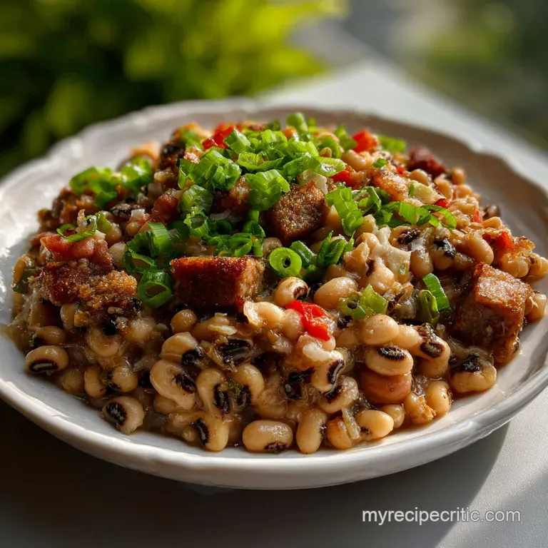 Elegant plated Hoppin' John, showcasing the velvety black-eyed peas atop a bed of fragrant rice, garnished with a sprig of...