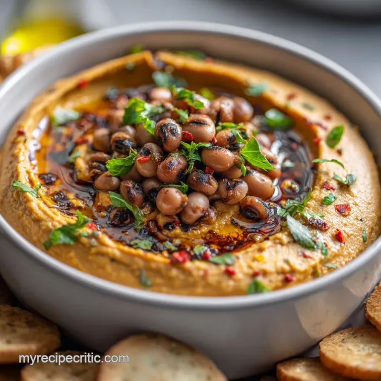 Elegant serving of pale, smooth hummus. Garnished with paprika, herbs, and a glistening olive oil drizzle on a white plate.