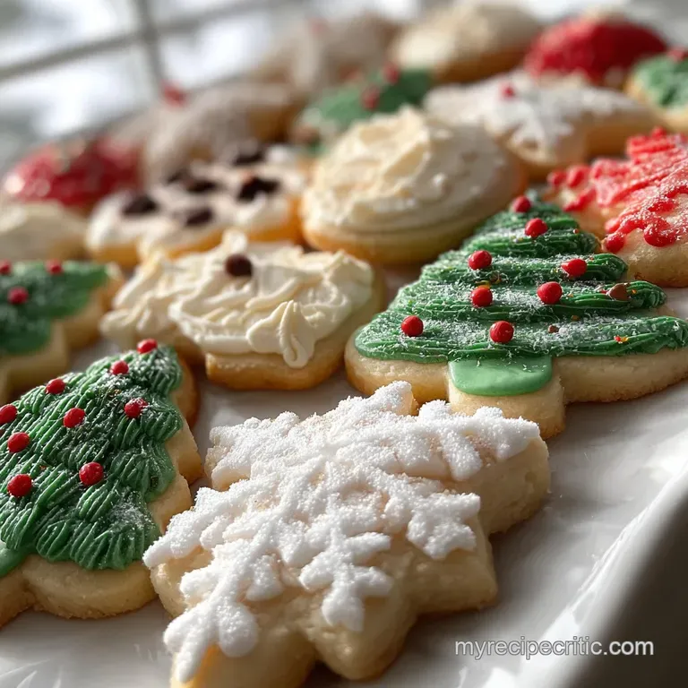 A stack of soft Christmas cookies on a vintage plate, powdered sugar falling like snow, hint of a red and white napkin.