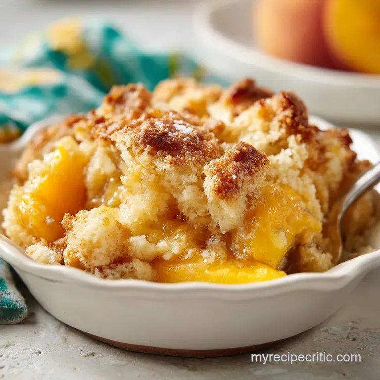 A scoop of warm cobbler with a dollop of melting vanilla ice cream and a sprinkle of cinnamon.