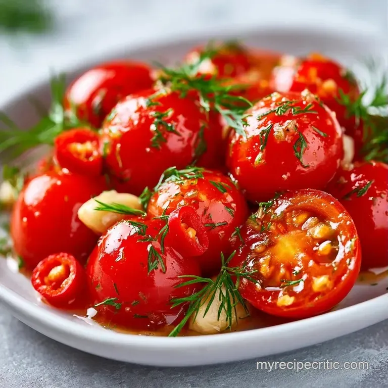 Glistening red pickled tomatoes served in a small ceramic bowl garnished with a sprig of fresh green parsley