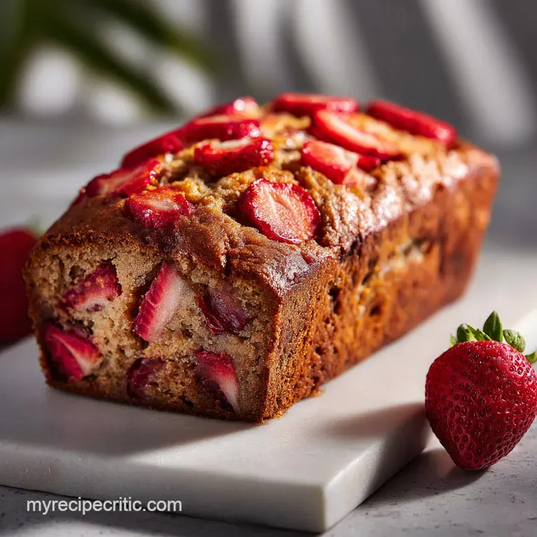 Thick slice of moist strawberry banana bread on a white plate. Fresh strawberry slices and whipped cream alongside. Soft c...