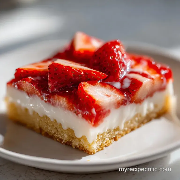 Buttery shortcake bar topped with juicy strawberries and a glistening glaze, artfully arranged on a white plate.