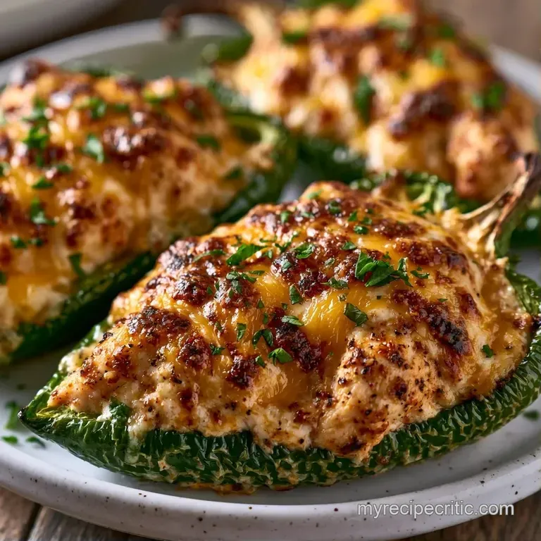 Three roasted green peppers filled with savory meat and melted cheese, arranged on a slate platter with lemon wedges.