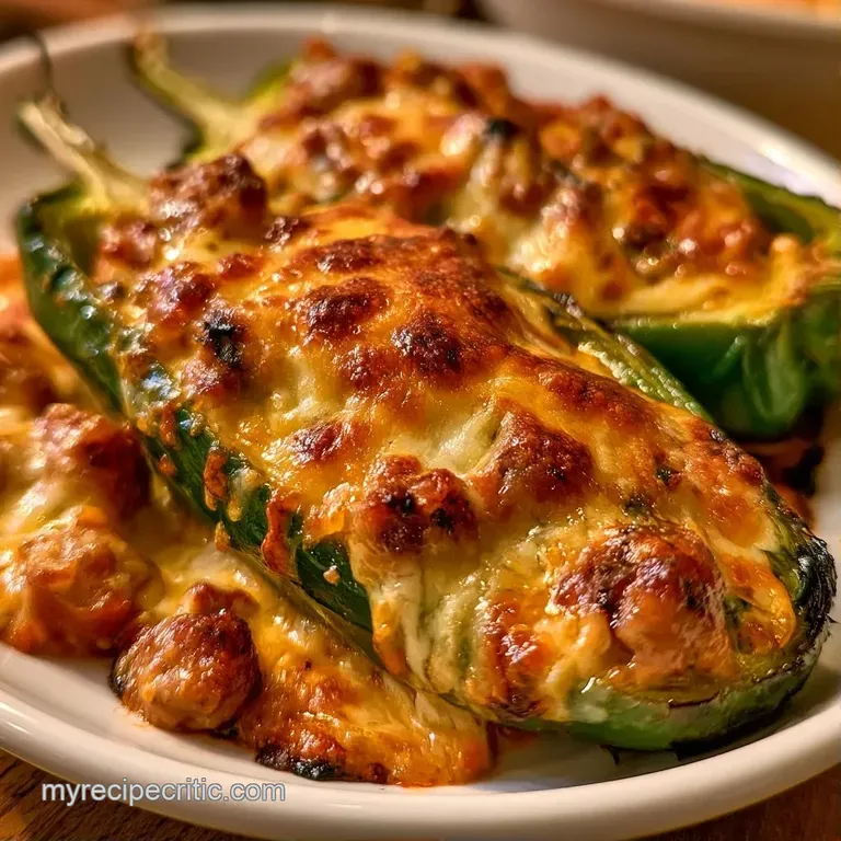 Three cheese-topped green peppers on a white ceramic plate with a side of creamy sauce and fresh parsley sprigs.