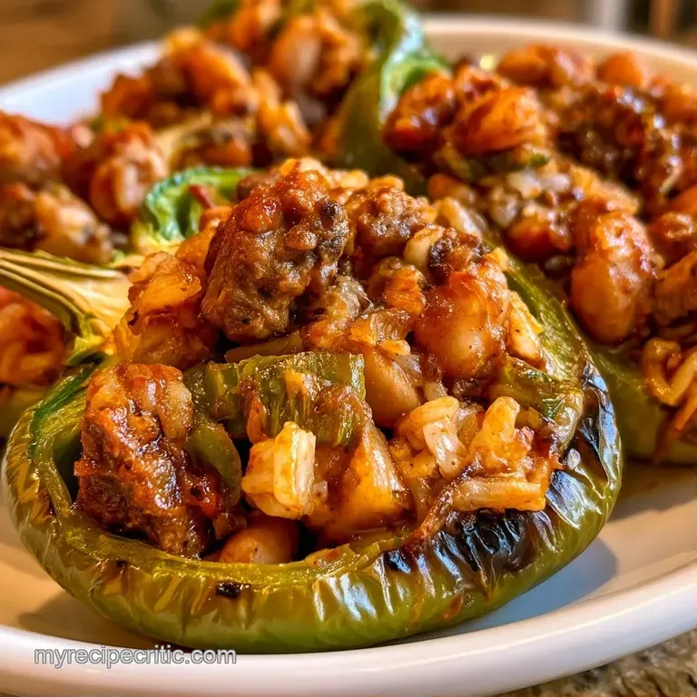 Roasted green peppers filled with savory meat on a white plate, garnished with bright parsley and cream sauce.