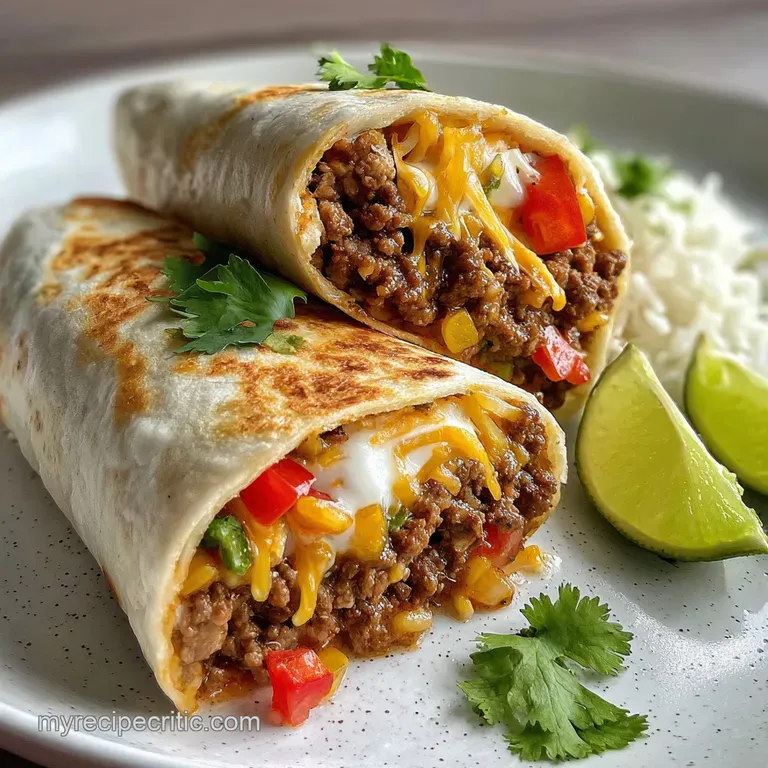A single, artfully cut burrito revealing layers of seasoned beef, rice, beans, cheese, and fresh toppings; cilantro garnish.
