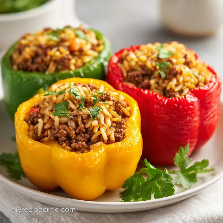 Vibrant green bell pepper half, plump with rice, herbs, and sauce, presented on a white plate with a sprig of fresh parsley.