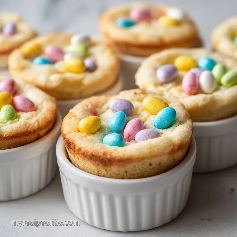 A single Easter sugar cookie cup, showing the creamy pastel frosting, sprinkles, and colorful candy nestled inside the gol...