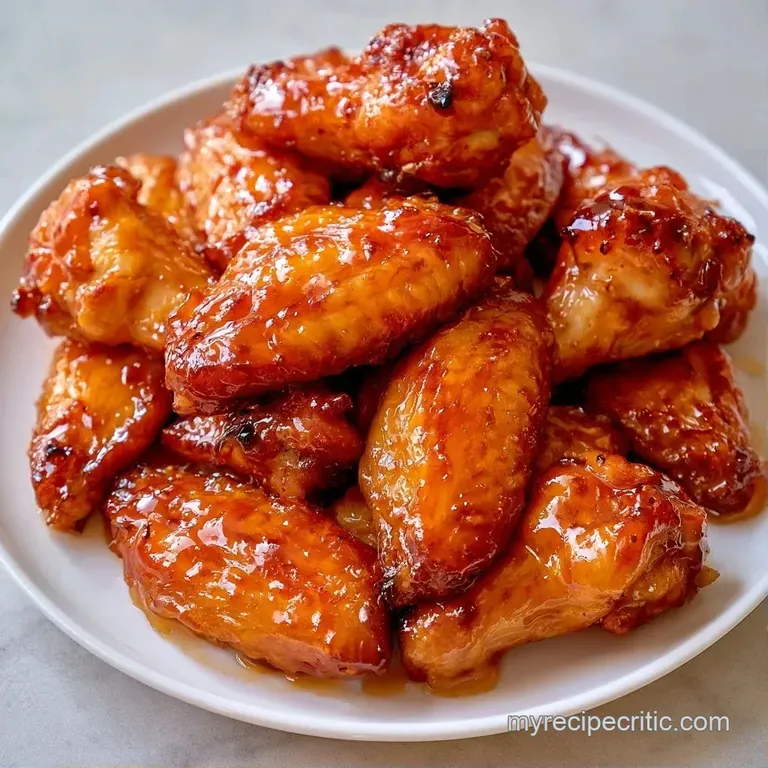Glossy red chicken wings arranged on a white platter with a bowl of creamy dip and sliced green scallions.