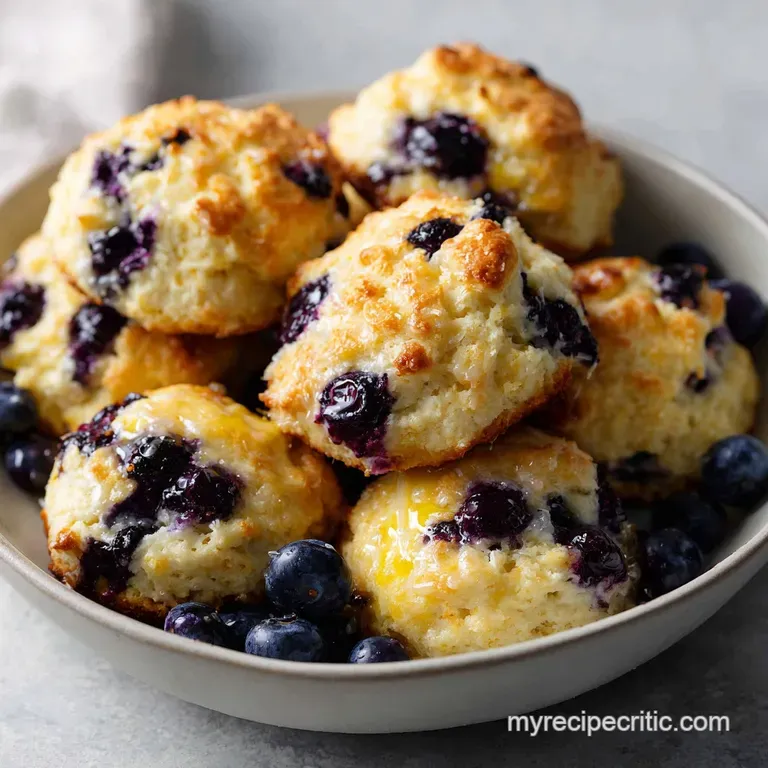 Stack of warm, flaky pastries with bright blueberry pockets and a dusting of sugar on a white ceramic plate