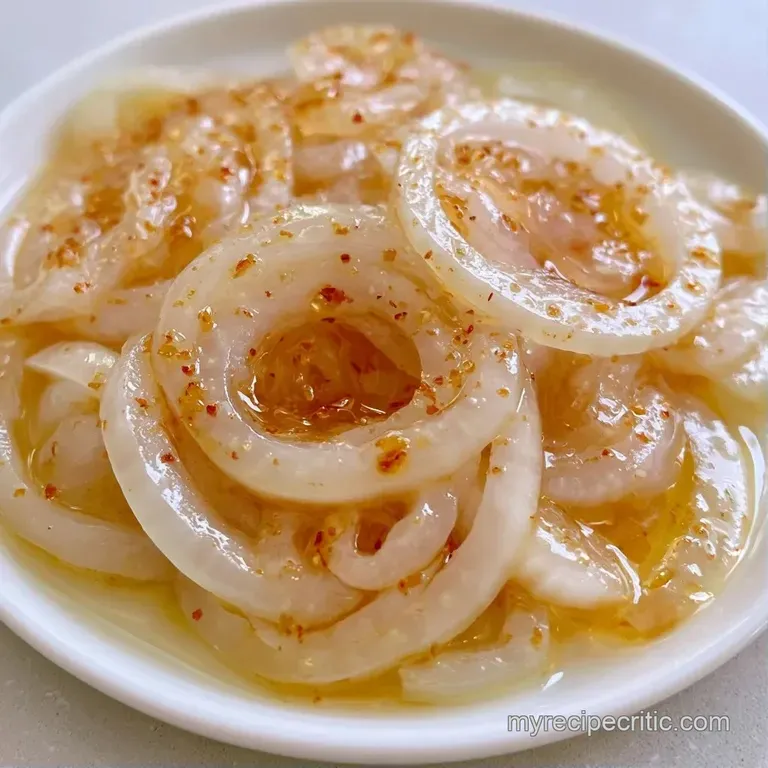 Thinly sliced white onions glistening with a clear dressing, garnished with fresh green herbs in a glass bowl.