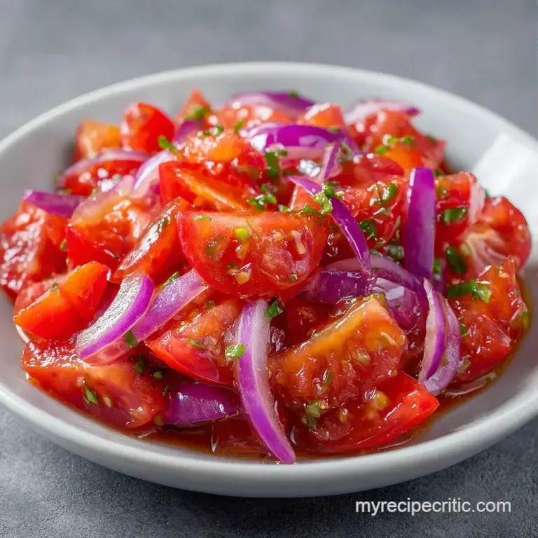 Sliced red tomatoes and thin purple onion rings arranged neatly in a white bowl with a sprinkle of fresh green herbs.