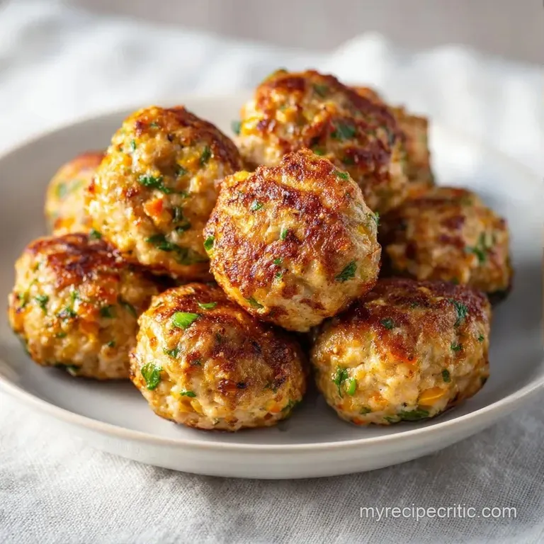 Three seared meatballs arranged on a sleek ceramic plate with a swirl of creamy sauce and a sprig of green garnish.
