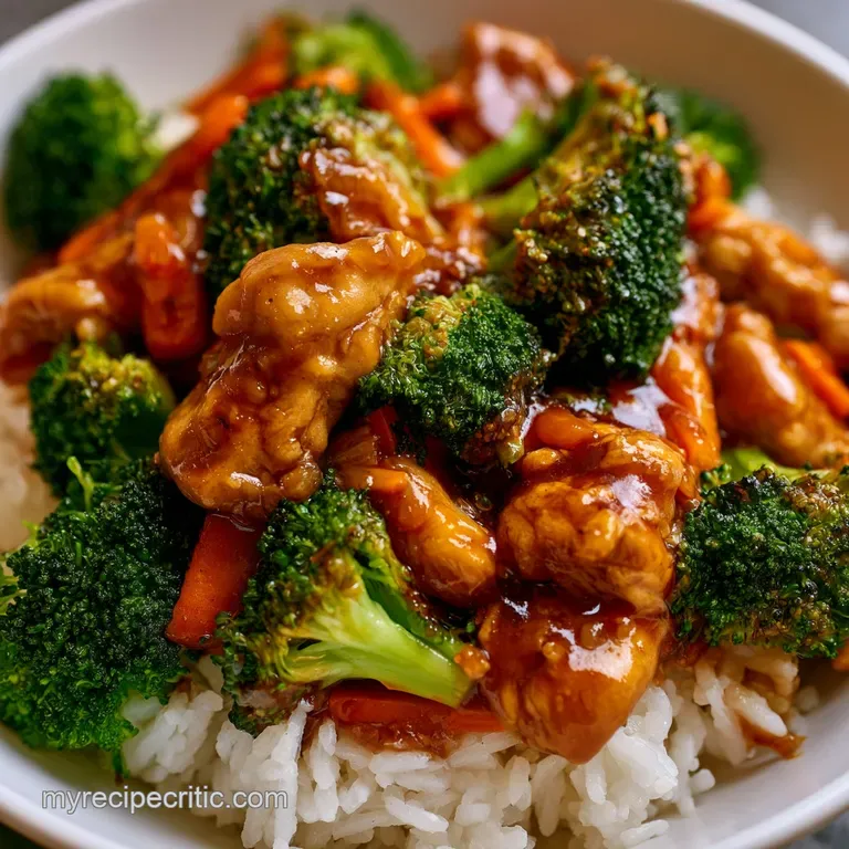 Glossy brown glazed chicken pieces nestled over fluffy white rice in a ceramic bowl with sliced green scallions.