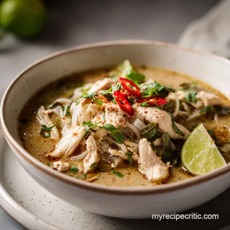 Elegant bowl of Thai soup with vibrant vegetables, tender chicken, and a swirl of coconut milk for richness.