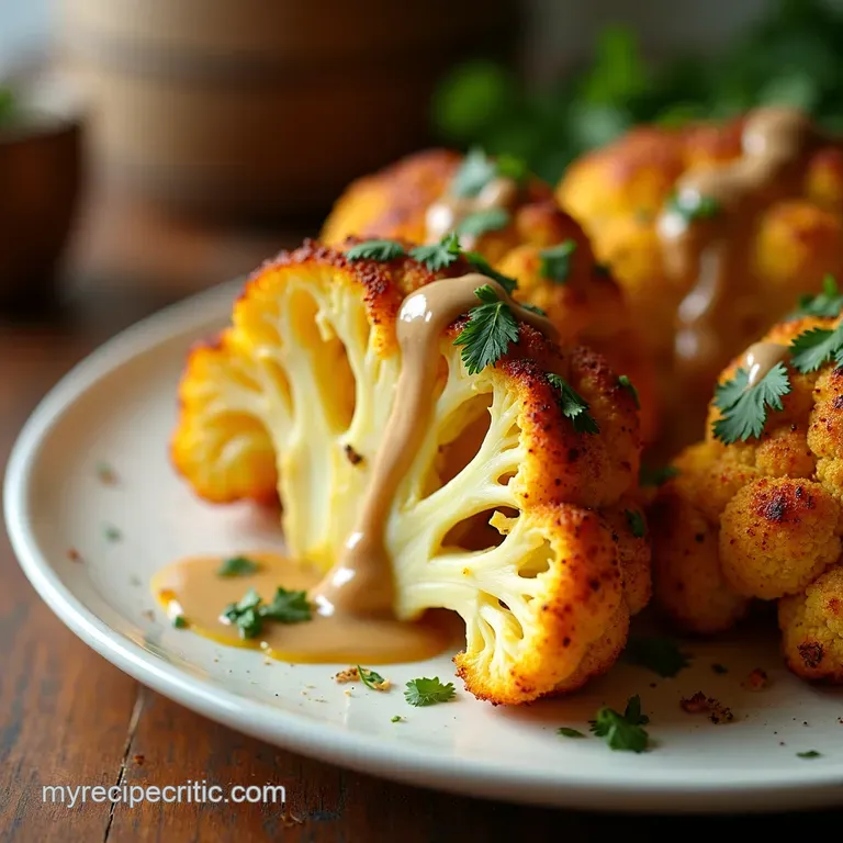The Golden Crown Moorish Spiced Whole Roasted Cauliflower with Charred Lemon Tahini Drizzle presentation