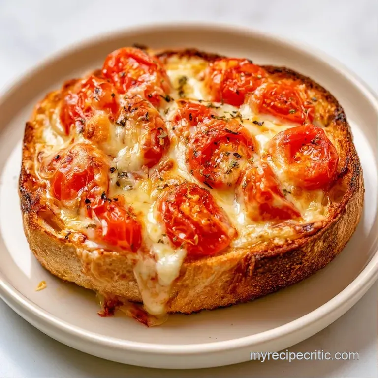 Diagonally sliced golden toast with oozing cheese and sliced tomatoes, plated on a rustic slate with fresh herbs.