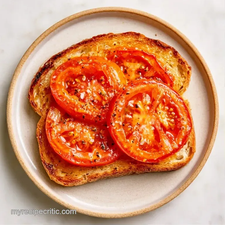 Two halves of toasted bread topped with thick, juicy tomato slices and fresh herbs on a white ceramic plate.