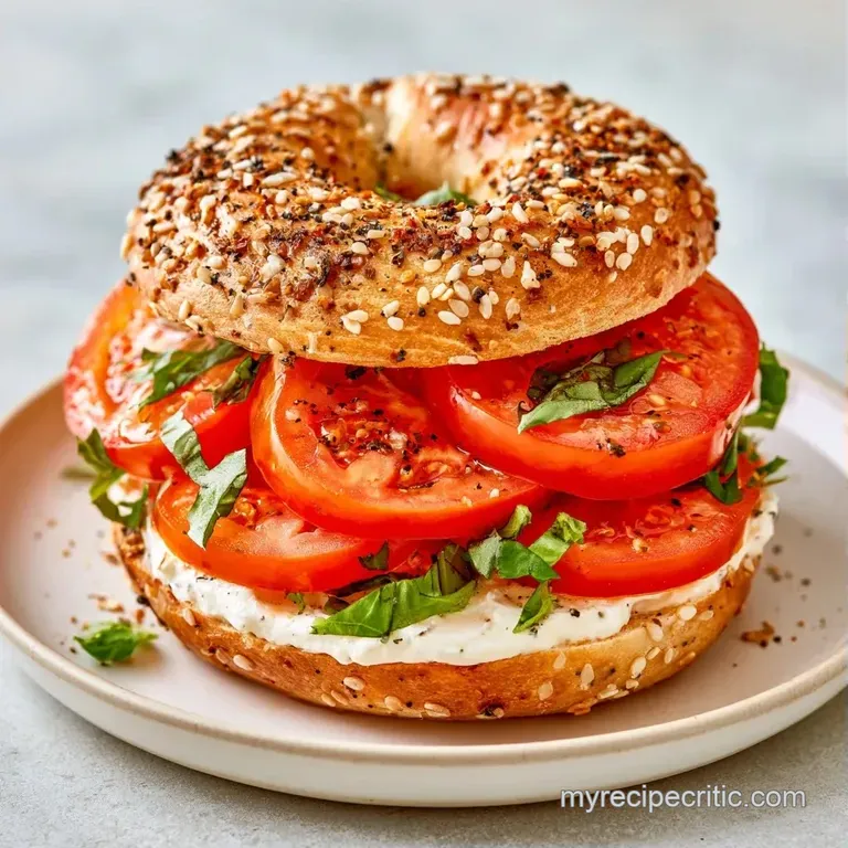 Toasted bagel halves with layered red tomatoes and melted cheese on a white plate, garnished with fresh herbs.