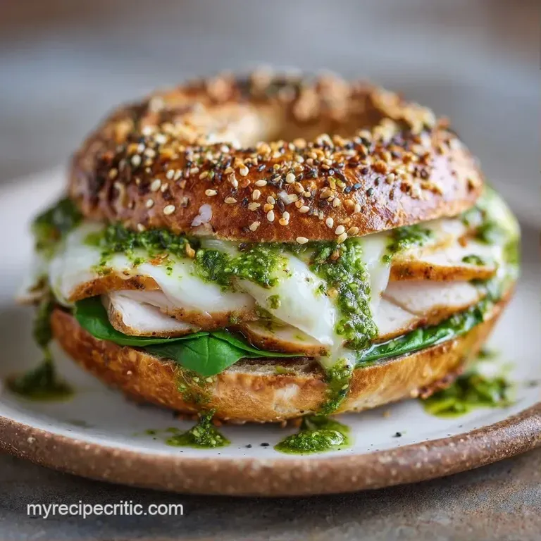 Golden-brown toasted bagel halves layered with sliced turkey and bright green pesto on a modern minimalist plate.