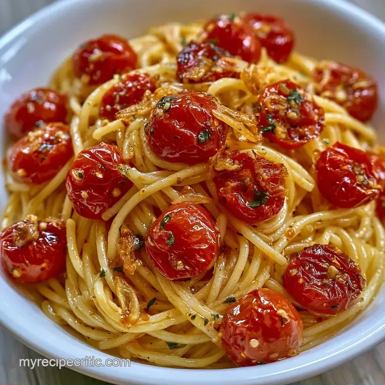 Al dente pasta swirled in a ceramic bowl, topped with blistered red tomatoes, green basil, and shaved parmesan.