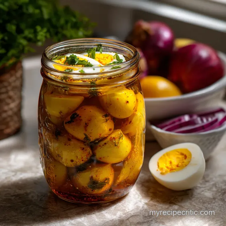 Vibrant yellow pickled egg halves with glossy surfaces, nestled on a bed of fresh, green herbs. A simple, elegant presenta...