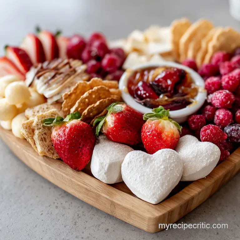 Artistic arrangement of cheeses, berries, and heart-shaped crackers create a romantic Valentine's Day charcuterie board di...
