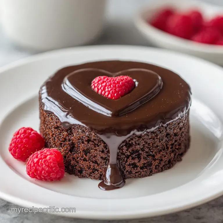 Slice of moist chocolate cake on a white plate, drizzled with shiny chocolate sauce and scattered with festive red heart c...