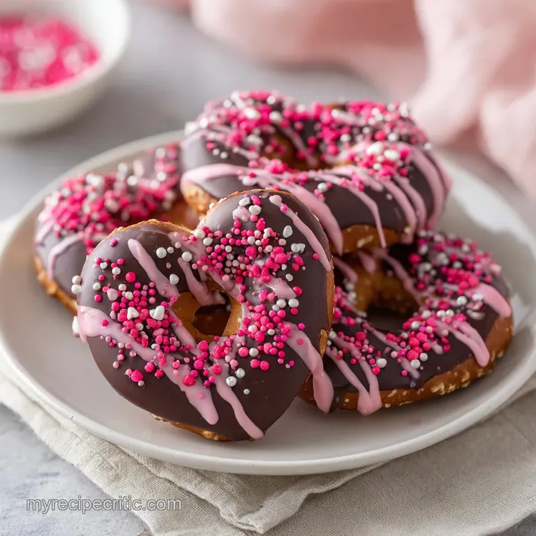 Elegant platter of dark chocolate dipped pretzels adorned with colorful sprinkles; a simple yet sophisticated Valentine's ...