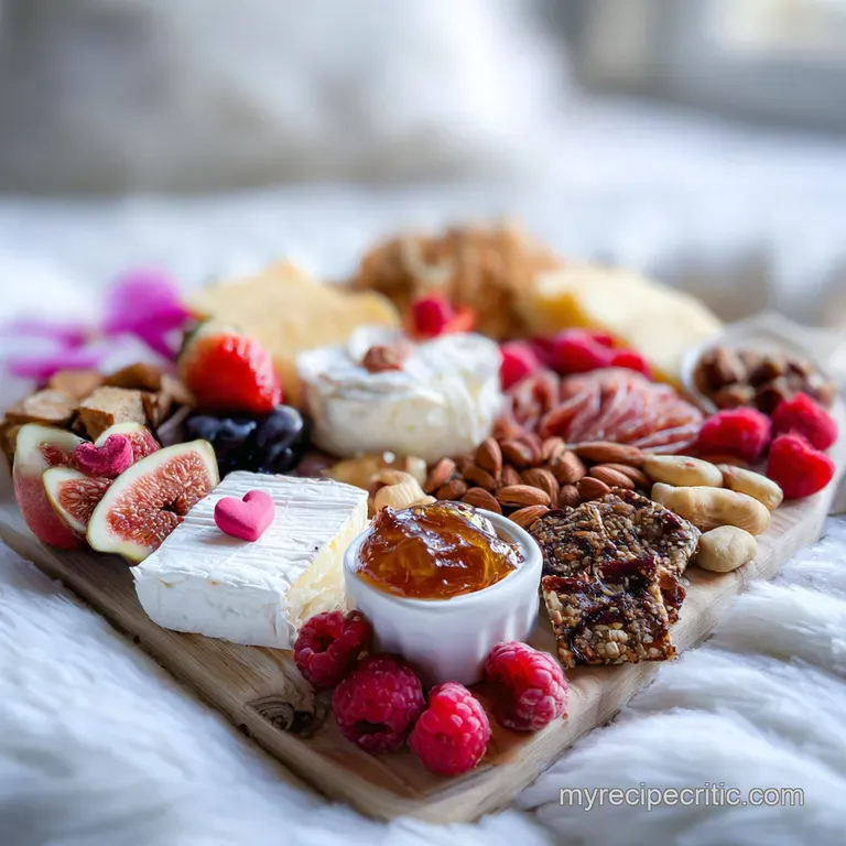 Elegant plate of brie and prosciutto, paired with grapes, nuts, and olives. A few crisp crackers complete the romantic pre...