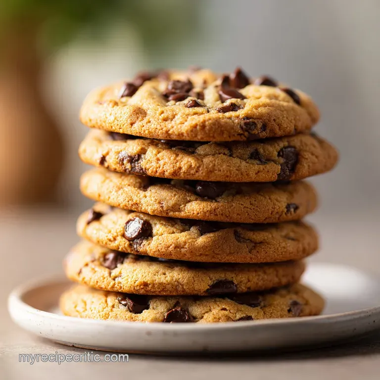 Stack of warm chocolate chip cookies on a plate, highlighting the chewy centers and crisp edges, dusted with powdered sugar.