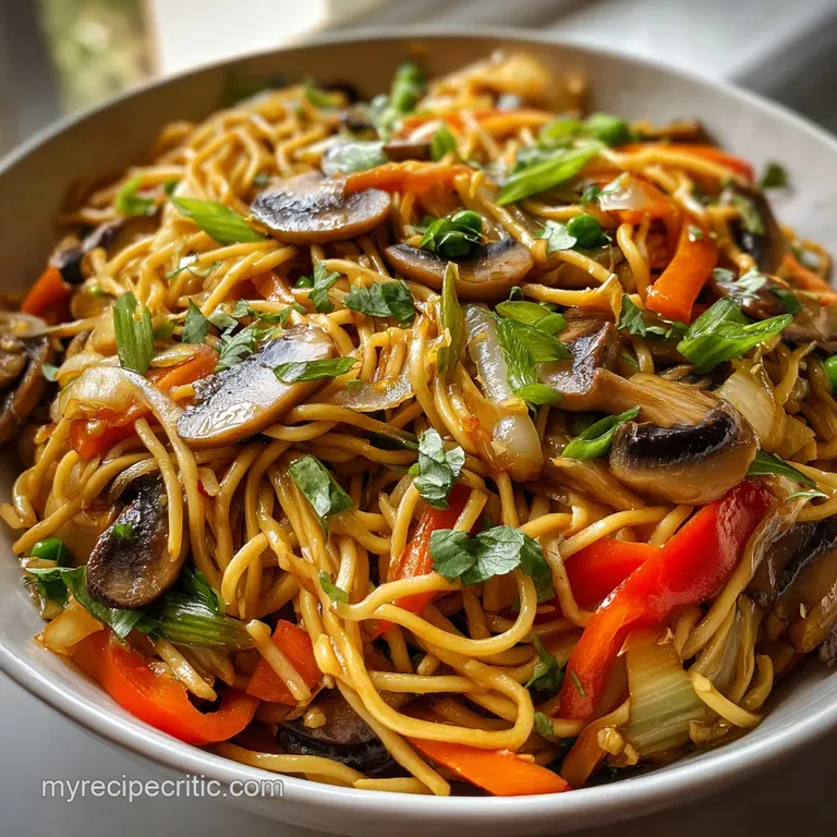 Pile of saucy lo mein in a white bowl with vibrant bell peppers, green onions, & sesame seeds. Chopsticks rest nearby.