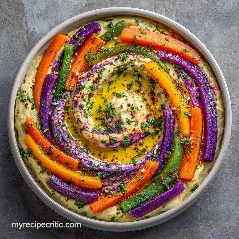 Symmetrically arranged carrot and pepper strips circling a bowl of creamy hummus drizzled with golden olive oil.