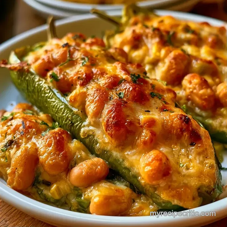 Two roasted green peppers resting on a white platter, garnished with fresh cilantro and a drizzle of cream sauce.