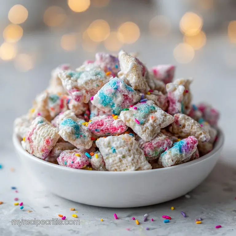 Muddy buddies piled high in a clear glass bowl, drizzled with extra melted white chocolate and festive red and green sprin...