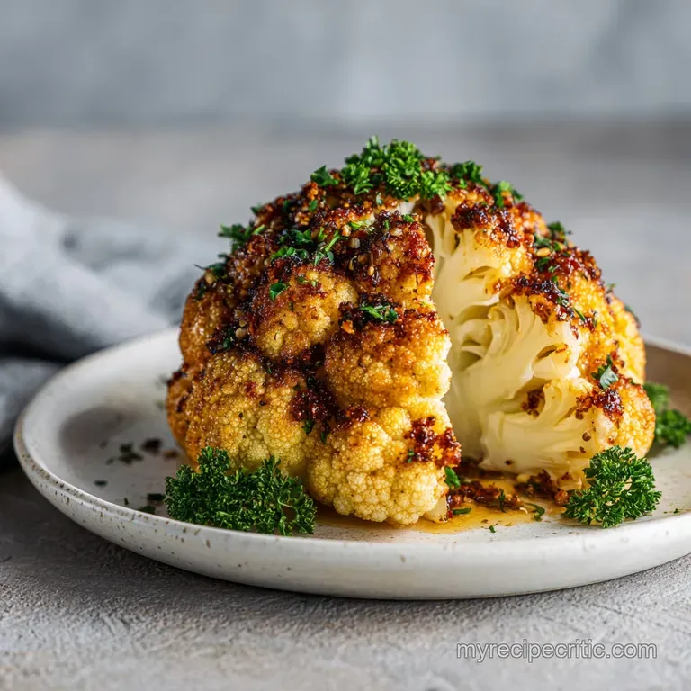 A beautifully plated whole roasted cauliflower, glistening with herbs and spices, atop a white ceramic dish.