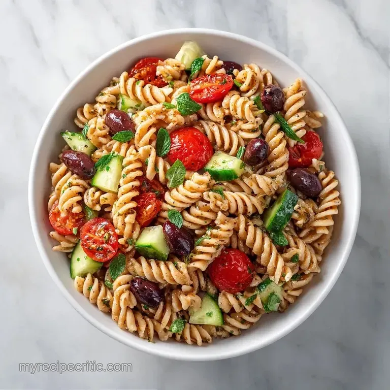 Colorful pasta salad arranged in clear glass meal prep containers with fresh herbs and a bright, zesty dressing.
