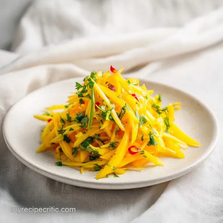 A colorful mound of fresh mango salad artfully arranged in a white bowl, glistening.